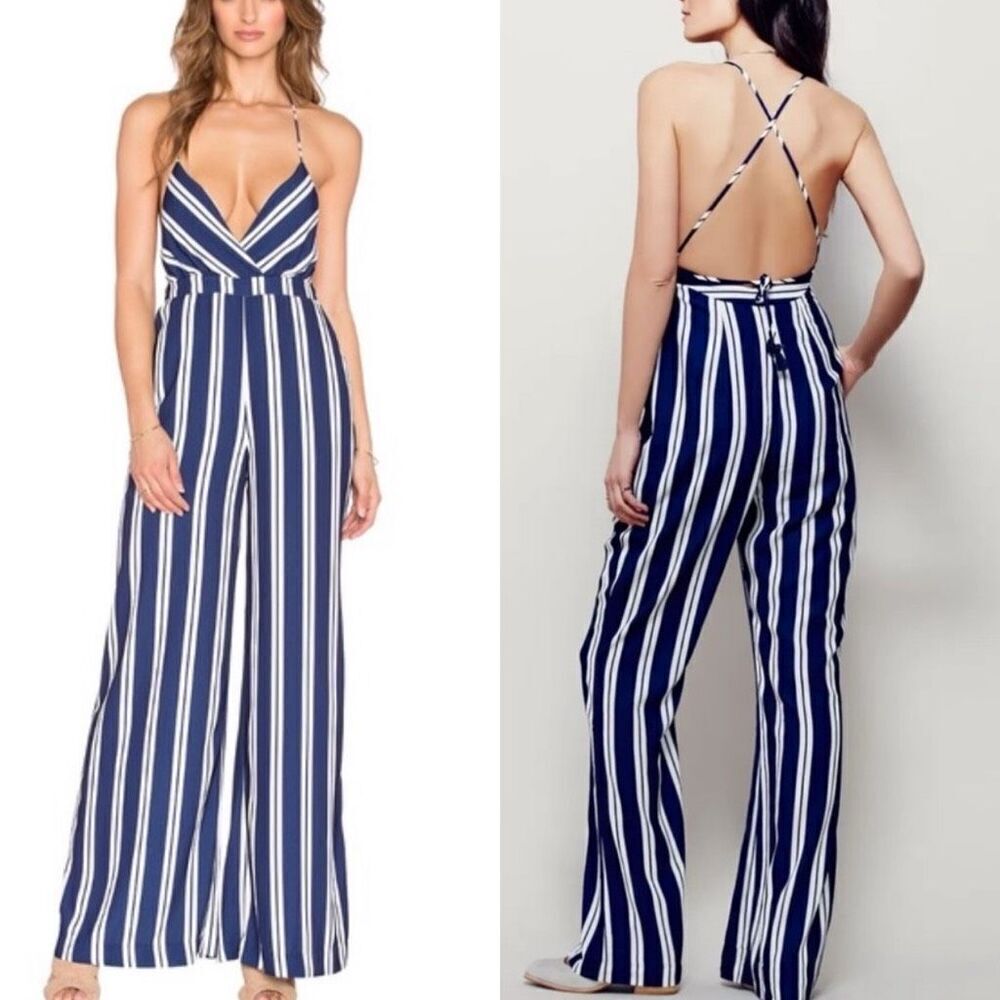 The Jetset Diaries Palace Striped Jumpsuit Navy Whote Criss Cross Back size XS